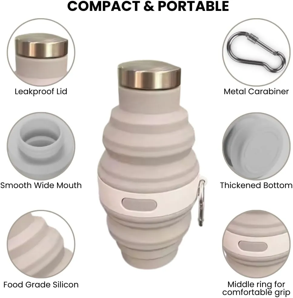 Collapsible Silicone Water Bottle with Carabiner, 475ml/17oz, BPA-Free, Leak-Proof, Lightweight & Durable for Travel, Gym, Camping (Grey)