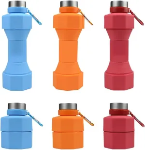 Collapsible Silicone Water Bottles with Carabiner, Set of 6, Blue, Orange, Red