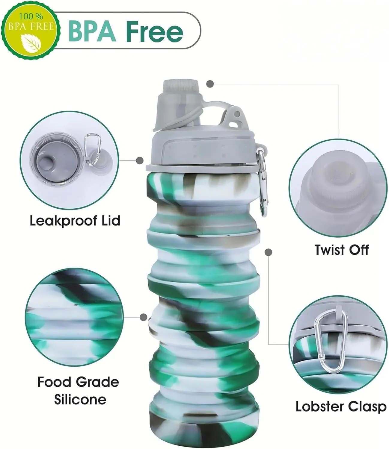 Collapsible Sports Water Bottles 500ml 16oz,Leak Proof Twist Cap BPA Free Retractable for Home Outdoor,Biking,Hiking Portable Water Bottle Cups(2)
