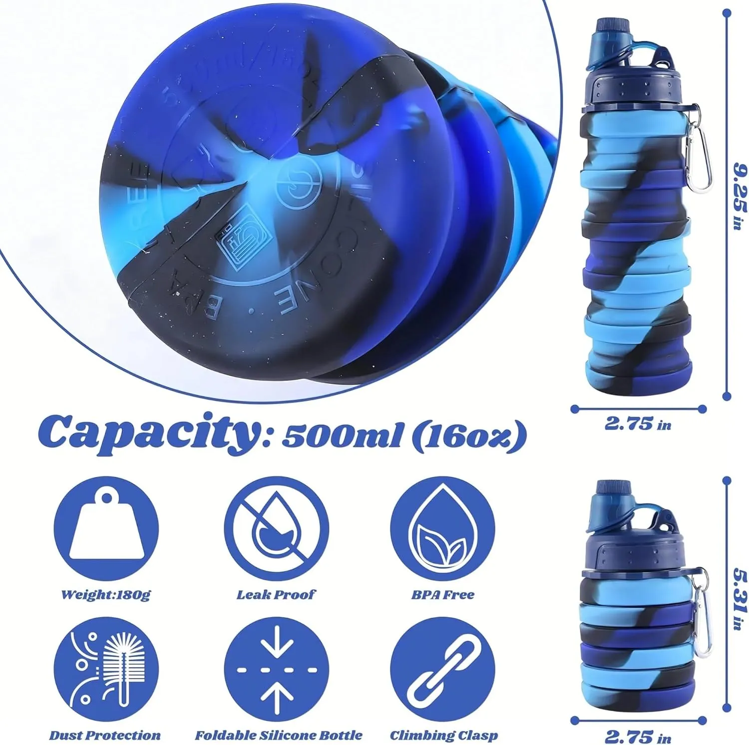 Collapsible Sports Water Bottles 500ml 16oz,Leak Proof Twist Cap BPA Free Retractable for Home Outdoor,Biking,Hiking Portable Water Bottle Cups(2)