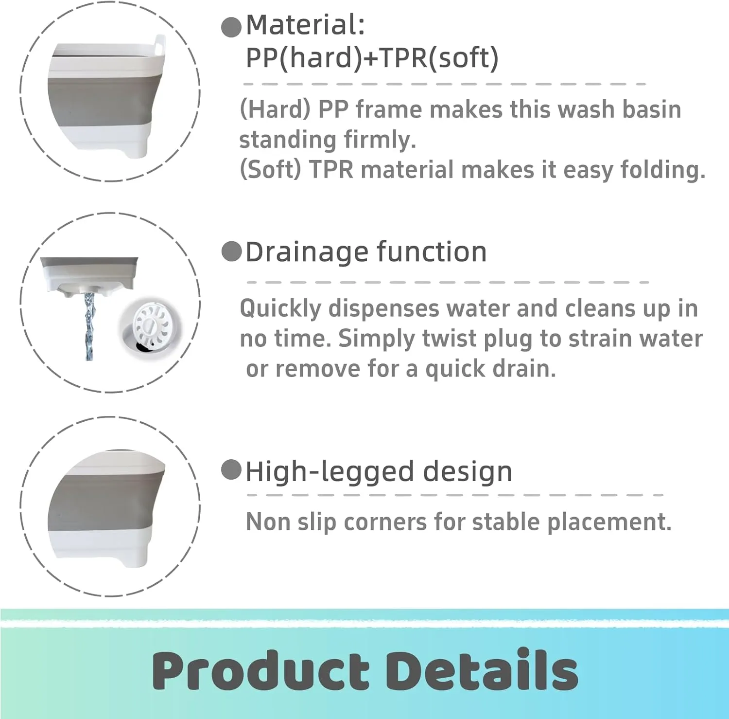 Collapsible Wash Basin for Baby Bottles - 2.4 Gallons Portable Wash Bin for RV Camping Sink, Space-Saving Dish Tub (Gray)