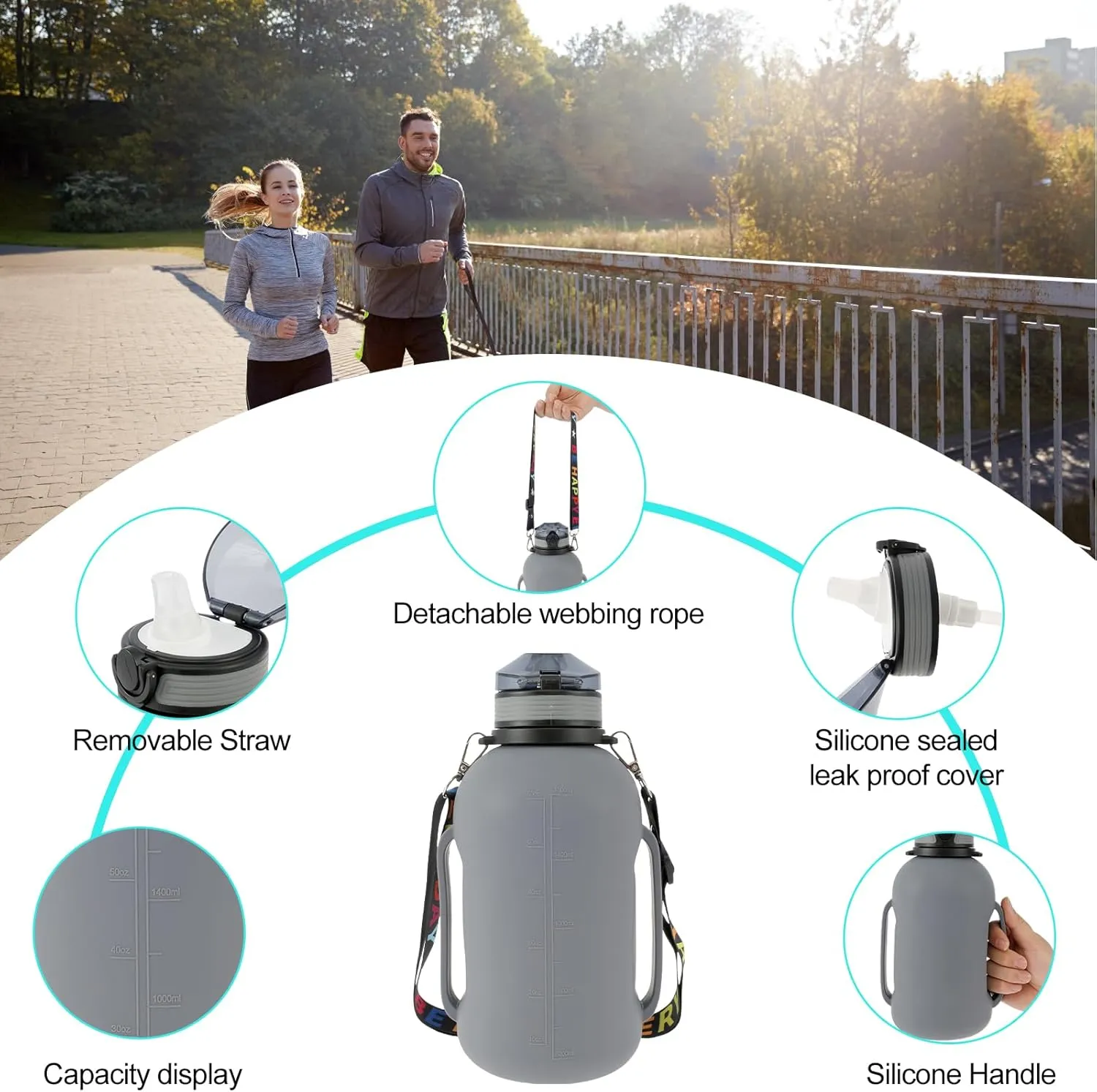 Collapsible Water Bottle 2L/64oz Sport Water Bottle with Mark Foldable Water Bottle with Strap Handle BPA Free Silicone Water Bottle with Detachable Straw for Fitness (Gray)