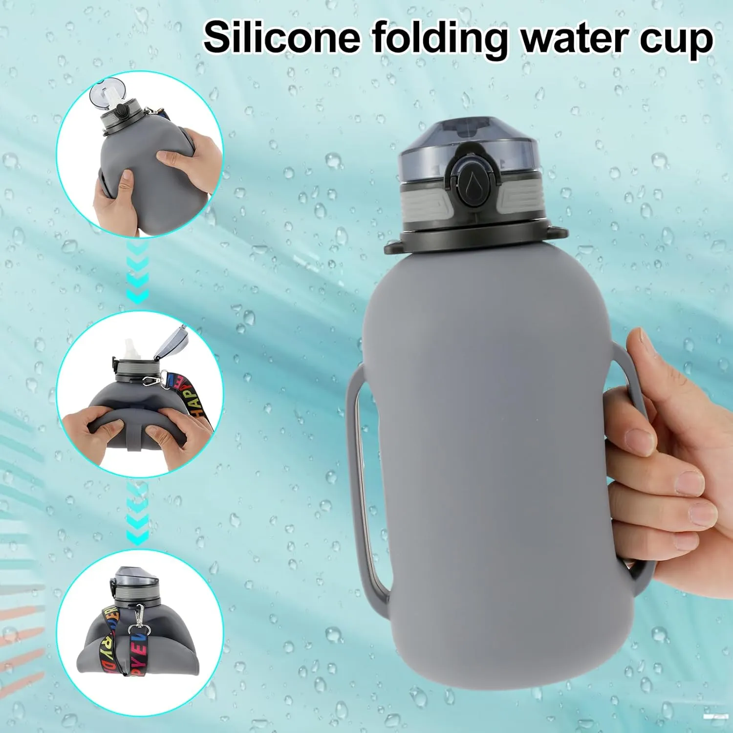 Collapsible Water Bottle 2L/64oz Sport Water Bottle with Mark Foldable Water Bottle with Strap Handle BPA Free Silicone Water Bottle with Detachable Straw for Fitness (Gray)