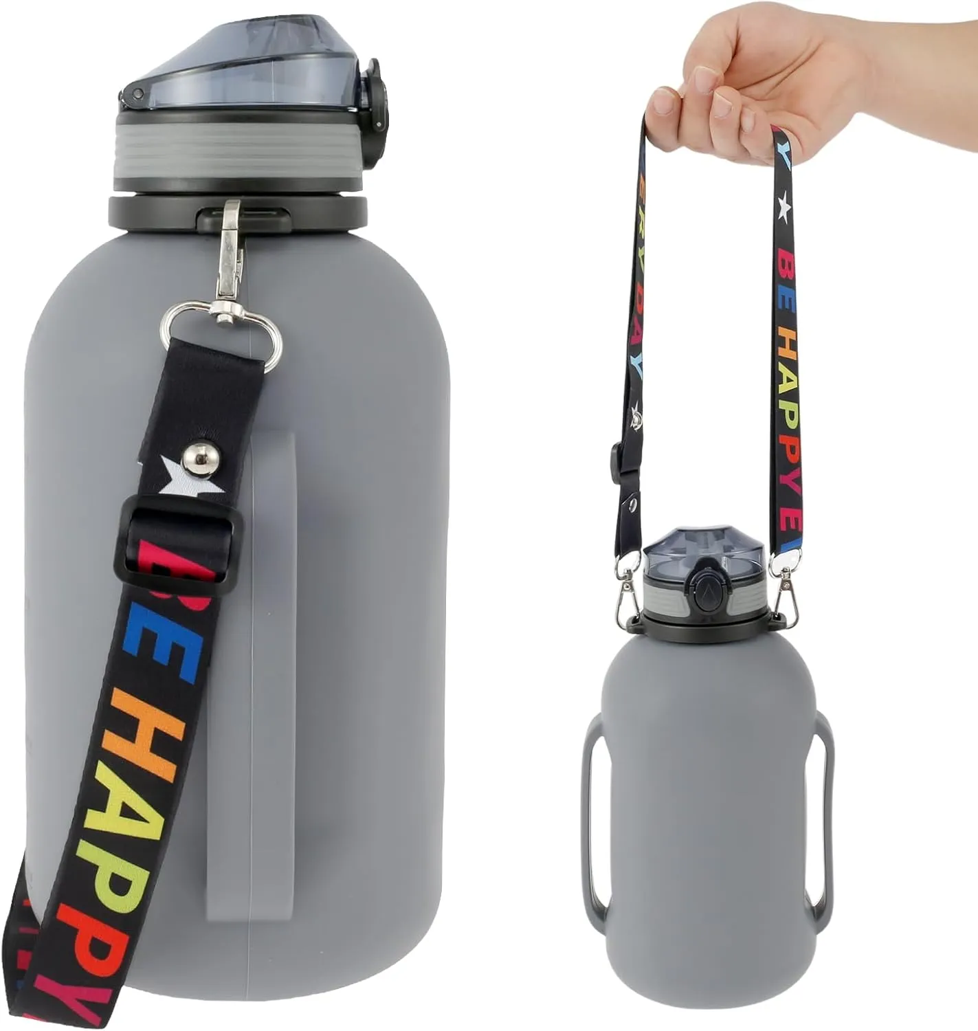 Collapsible Water Bottle 2L/64oz Sport Water Bottle with Mark Foldable Water Bottle with Strap Handle BPA Free Silicone Water Bottle with Detachable Straw for Fitness (Gray)