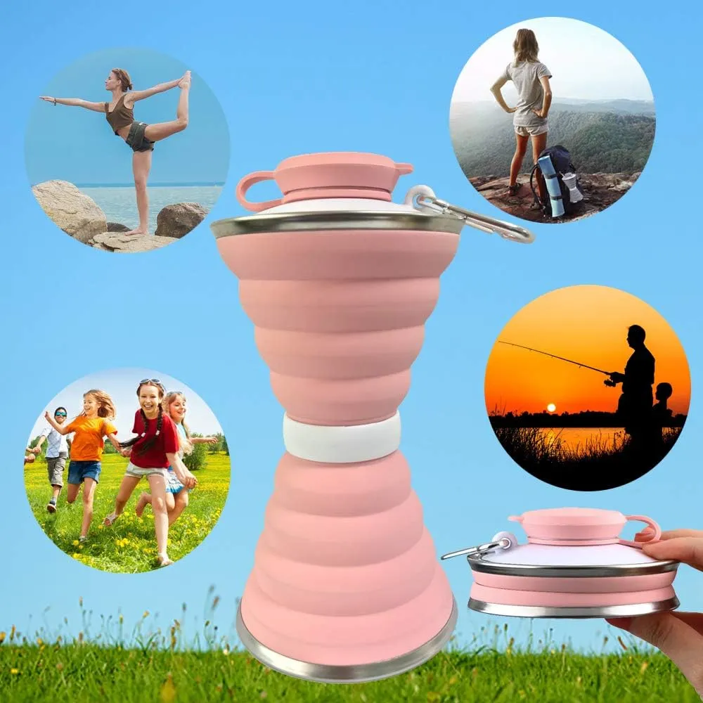 Collapsible Water Bottle, Camping Cup With Carabiner, Reuseable Silicone Foldable Leak Proof Portable Sports Travel Water Bottles For Outdoor, Travel Gym Hiking, BPA Free, Cycling Cups with Carabiner