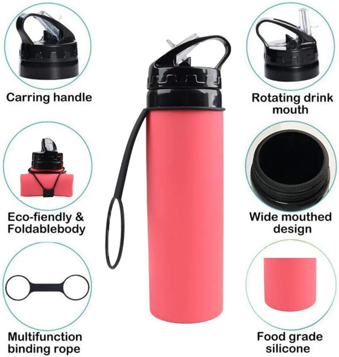 Collapsible Water Bottle Silicone Foldable 20.3 oz, Roll Up to Save Space, Leakproof & Ultralight, Water Bottle for Sports & Outdoor
