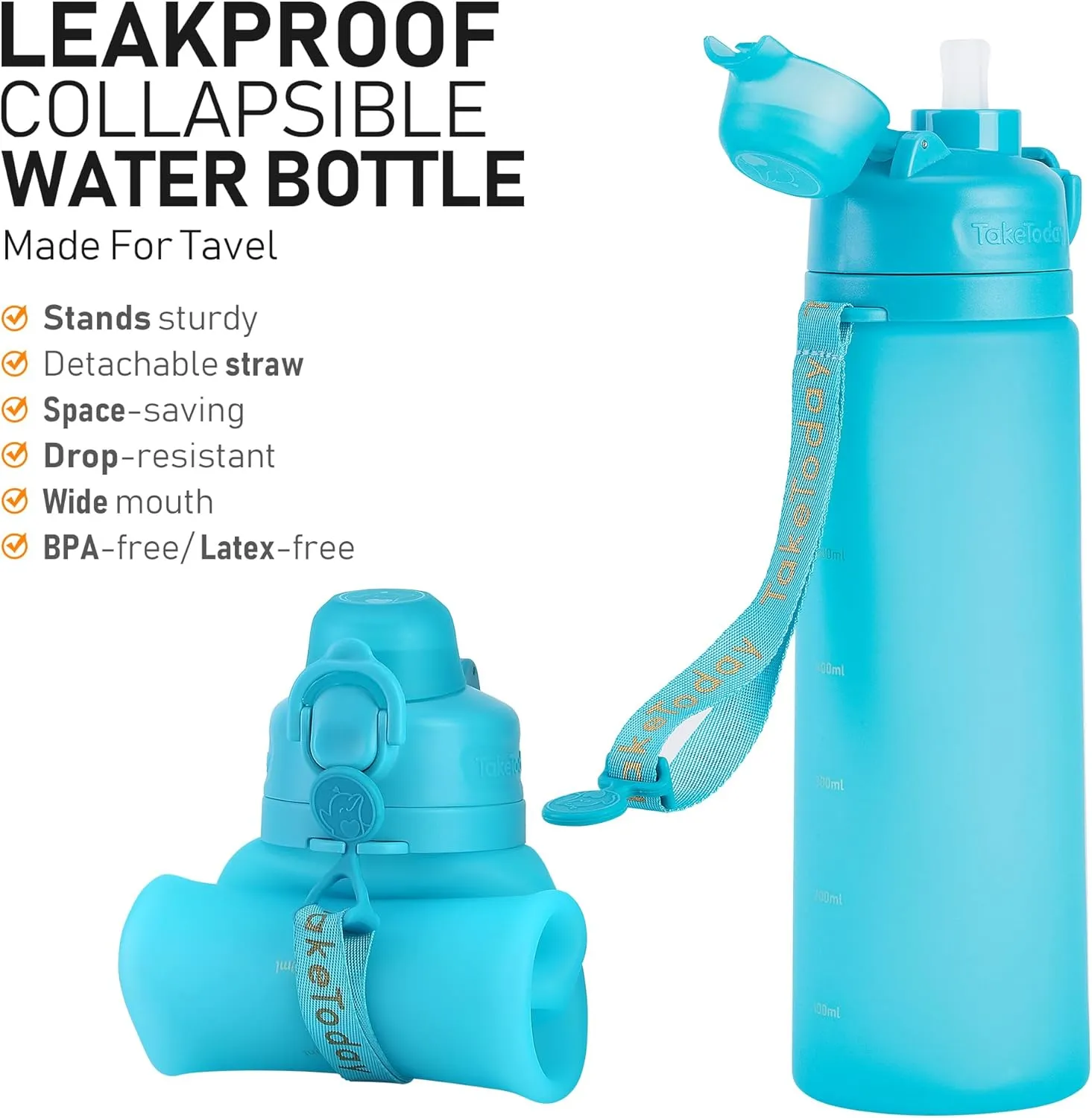 Collapsible Water Bottles 20oz, Leak Proof, BPA-Free, Foldable Silicone Travel Water Bottle with Straw Strap for Cycling, Hiking, Outdoors