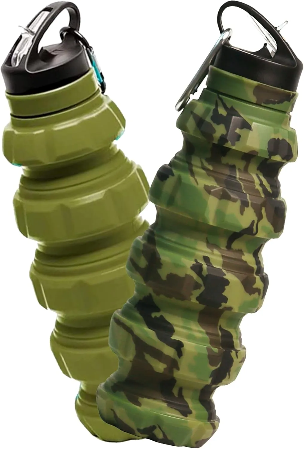 Collapsible Water Bottles Camo and Khaki Bundle - Silicone Gym Water Bottles Army Green - Green Travel Water Bottle, Silicone Water Bottle - Foldable Mens Water Bottles for Everyday Use