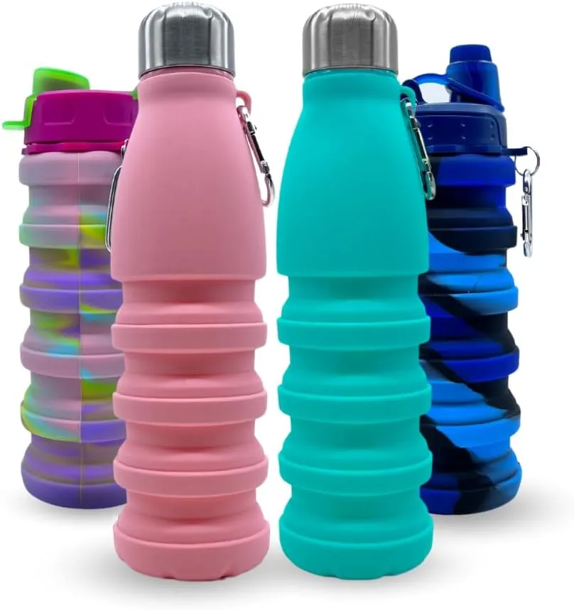 Collapsible Water Bottles, Cups Leakproof Valve, Reusable BPA Free Silicone Foldable, Travel Water Bottle, Cup for Gym, Camping, Hiking, Travel, Sports, Lightweight Durable