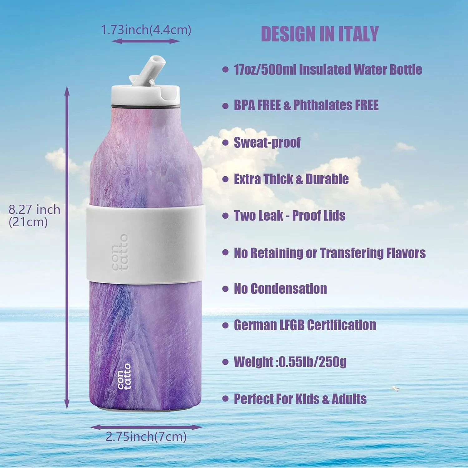 Contatto 17oz Vacuum Insulated Water Bottle Stainless Steel, with Straw Lid & Flex Cap, 3 1 Layers of Insulation, Reusable Metal Water Bottle, for Outdoors/Sports/Fitness/School/Office/Adults & Kids