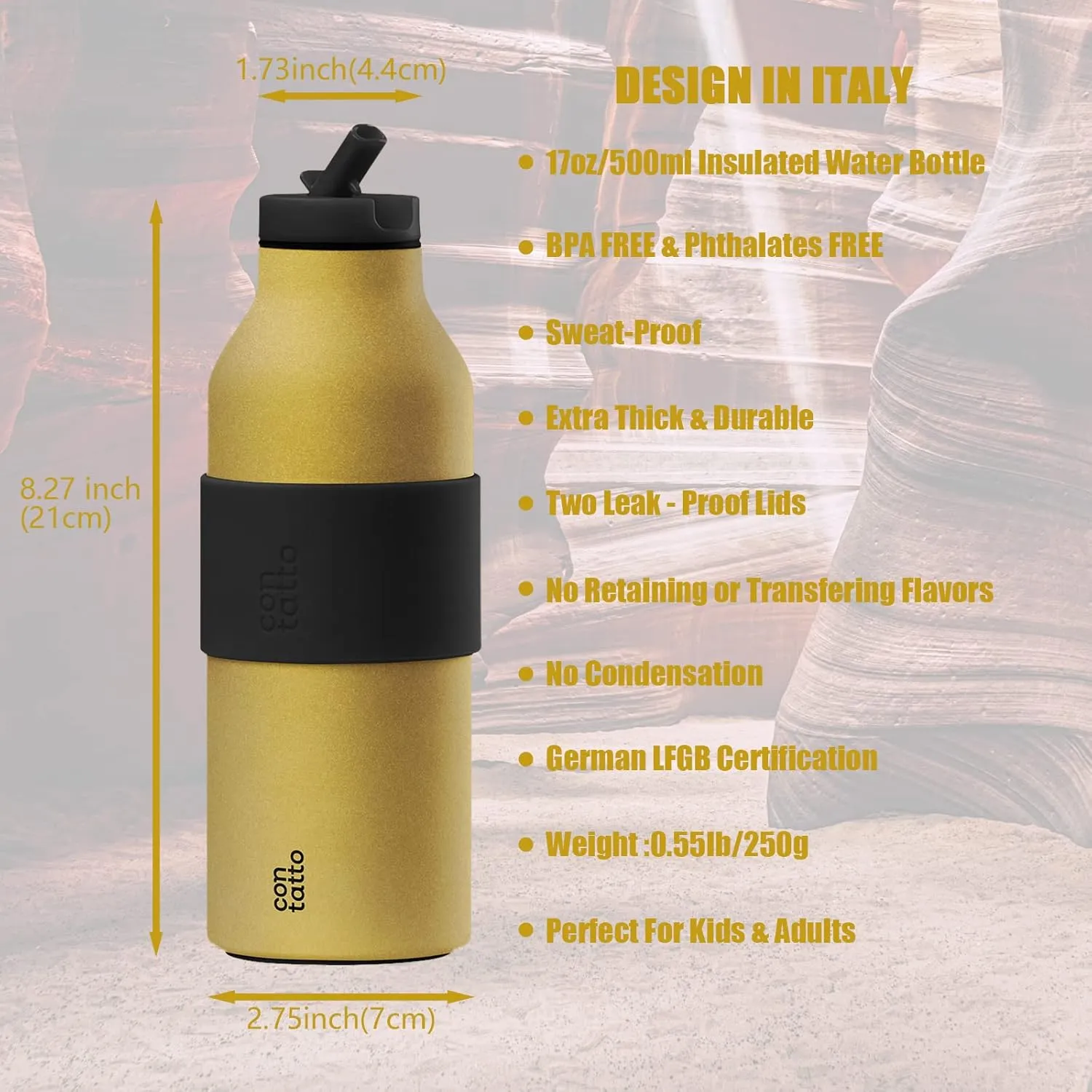 Contatto 17oz Vacuum Insulated Water Bottle with Straw, Straw Lid&Flex Cap, 3 1 Layers of Insulation, Reusable Metal Water Bottle Stainless Steel, for Office/School/Outdoors/Sports/Adults&Kids(Golden)