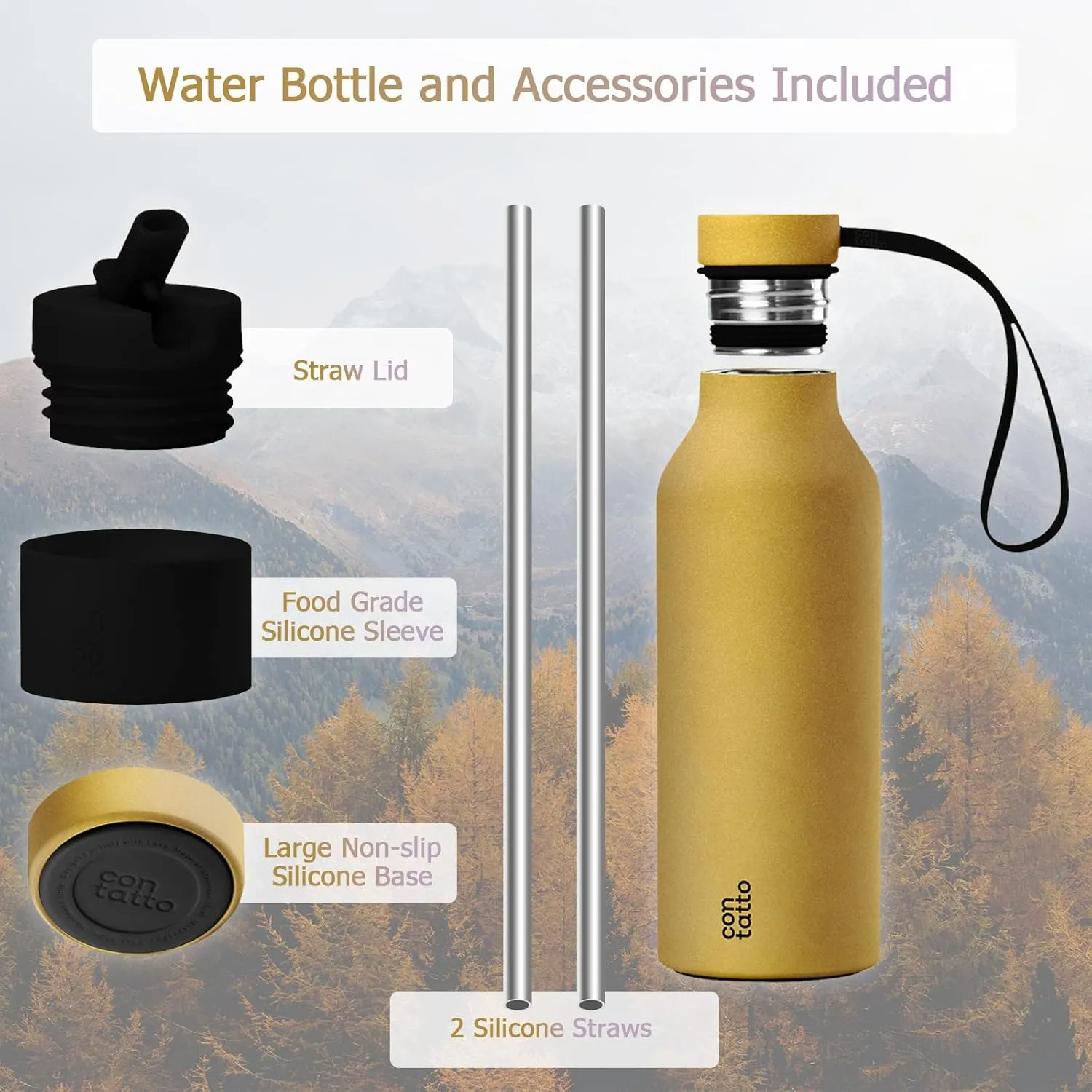 Contatto 17oz Vacuum Insulated Water Bottle with Straw, Straw Lid&Flex Cap, 3 1 Layers of Insulation, Reusable Metal Water Bottle Stainless Steel, for Office/School/Outdoors/Sports/Adults&Kids(Golden)