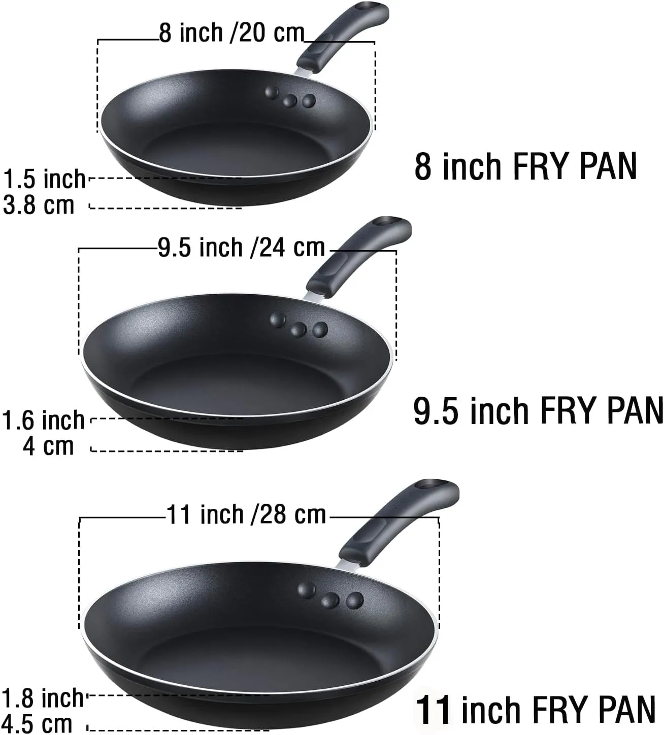Cook N Home Basics Nonstick Frying Pan Set, 8/9.5/11-Inch 3-Piece Non Stick Saute Fry Pan Skillet Set, Black