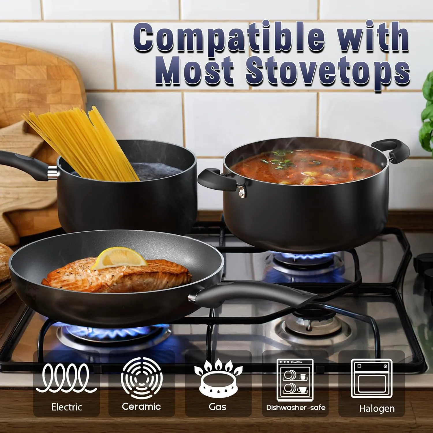 Cook N Home Basics Nonstick Frying Pan Set, 8/9.5/11-Inch 3-Piece Non Stick Saute Fry Pan Skillet Set, Black