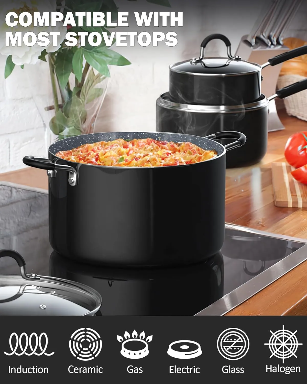 Cook N Home Pots and Pans Nonstick Kitchen Cookware Sets include Saucepan Frying Pan Stockpots 8-Piece, Heavy Gauge, Stay Cool Handle, Marble