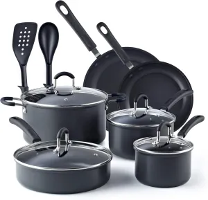 Cook N Home Pots and Pans Set Nonstick Professional Hard Anodized Cookware Sets 12-Piece, Dishwasher Safe with Stay-Cool Handles, Black