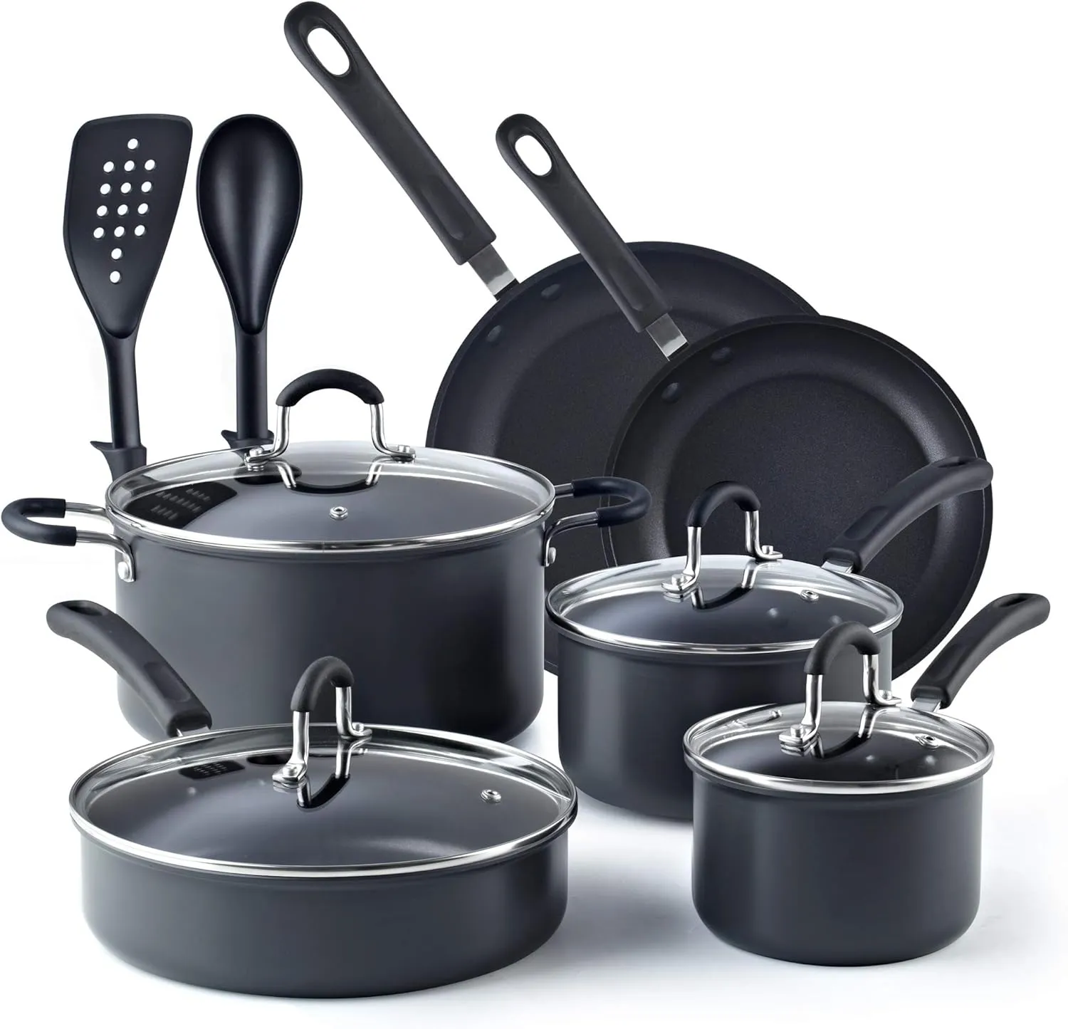 Cook N Home Pots and Pans Set Nonstick Professional Hard Anodized Cookware Sets 12-Piece, Dishwasher Safe with Stay-Cool Handles, Black