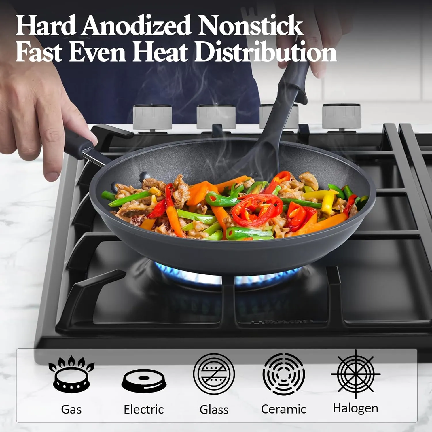 Cook N Home Pots and Pans Set Nonstick Professional Hard Anodized Cookware Sets 12-Piece, Dishwasher Safe with Stay-Cool Handles, Black