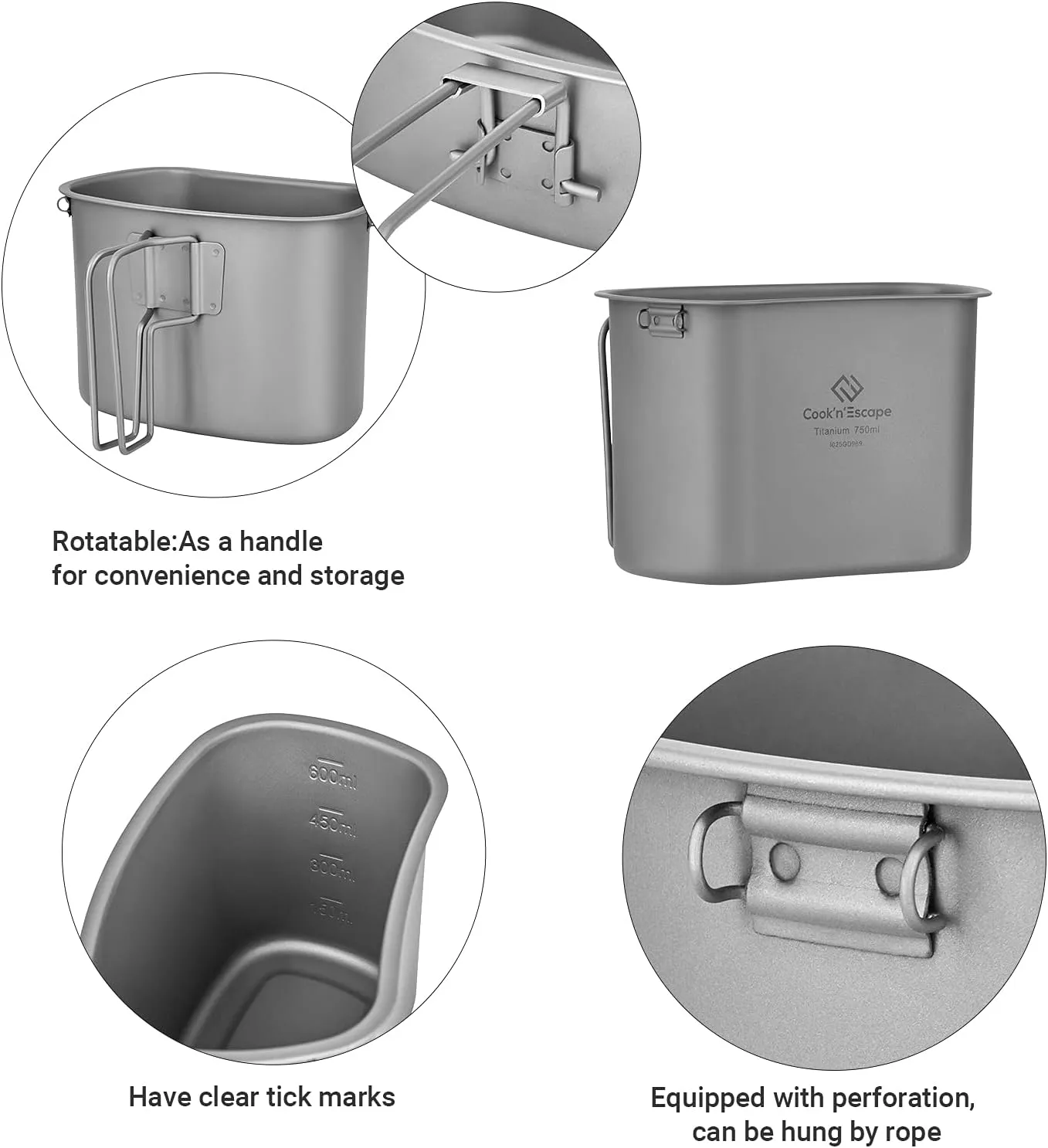 COOK'N'ESCAPE Titanium Camping Cooking Pot, Camping Cookware Set with Folding Handle,Compact Frying Pan Open Over Fire Cooking for Outdoor Backpacking Hiking Picnic