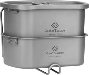 COOK'N'ESCAPE Titanium Camping Cooking Pot, Camping Cookware Set with Folding Handle,Compact Frying Pan Open Over Fire Cooking for Outdoor Backpacking Hiking Picnic