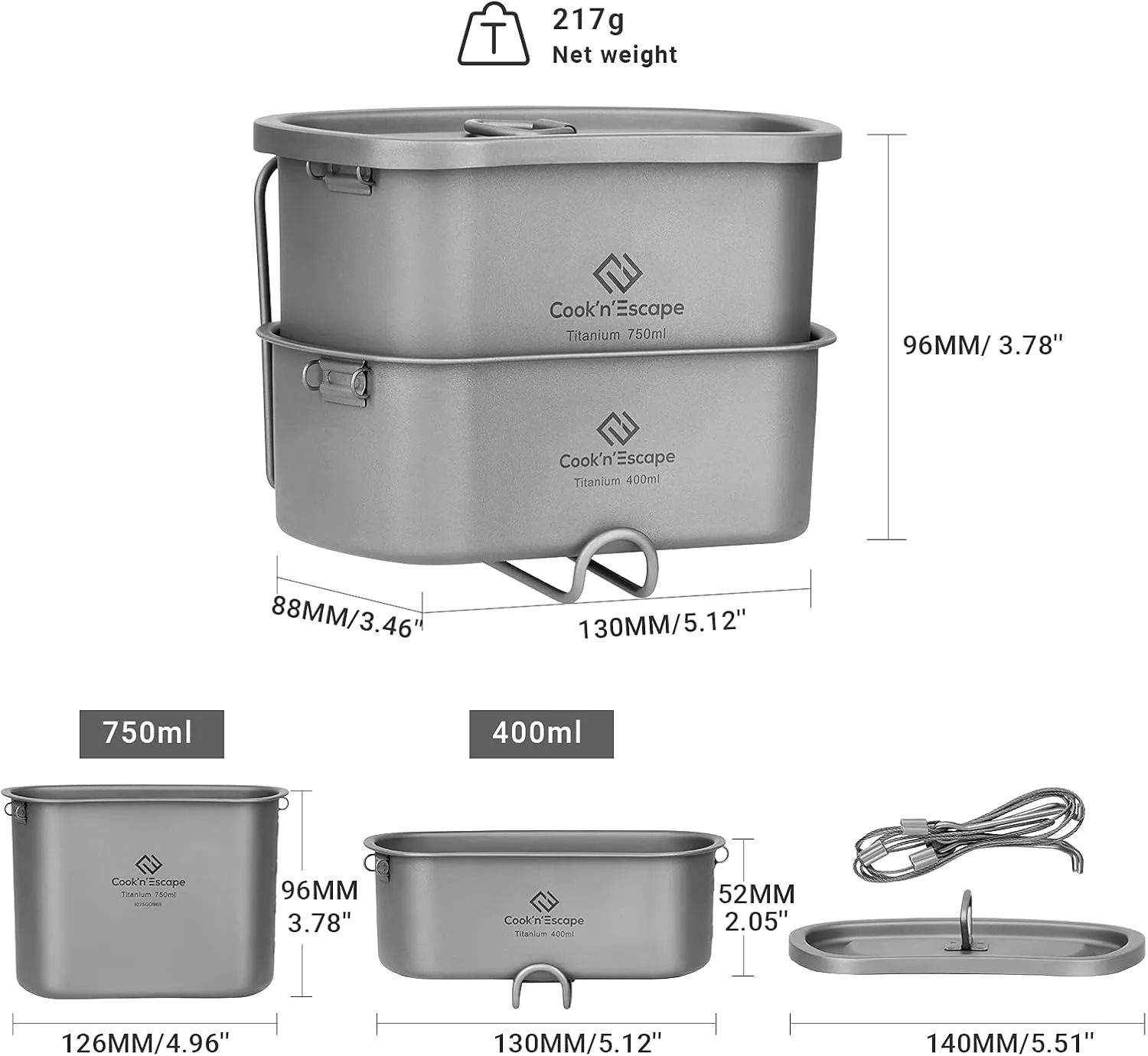 COOK'N'ESCAPE Titanium Camping Cooking Pot, Camping Cookware Set with Folding Handle,Compact Frying Pan Open Over Fire Cooking for Outdoor Backpacking Hiking Picnic