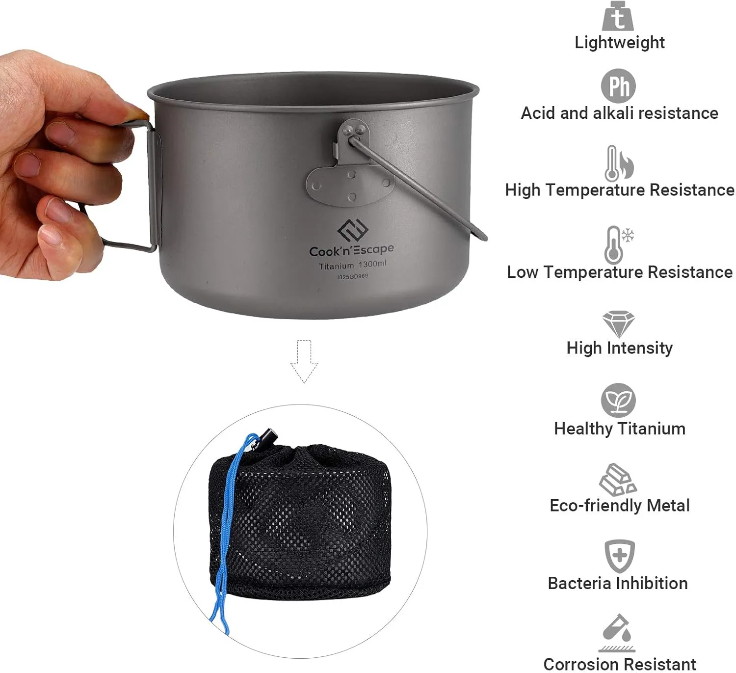COOK'N'ESCAPE Titanium Camping Cooking Pot, Camping Cookware Set with Folding Handle,Compact Frying Pan Open Over Fire Cooking for Outdoor Backpacking Hiking Picnic