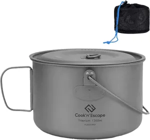 COOK'N'ESCAPE Titanium Camping Cooking Pot, Camping Cookware Set with Folding Handle,Compact Frying Pan Open Over Fire Cooking for Outdoor Backpacking Hiking Picnic