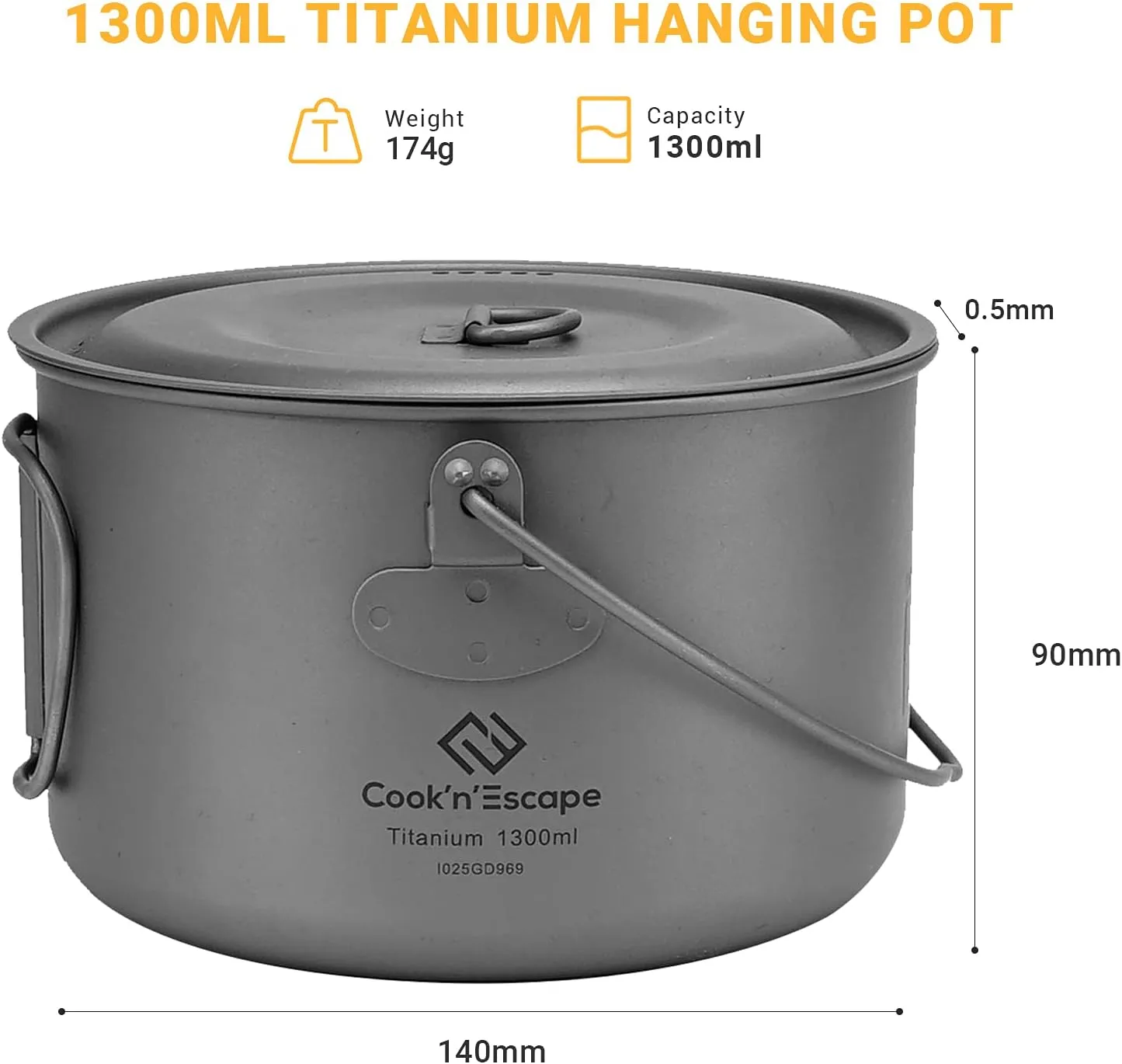 COOK'N'ESCAPE Titanium Camping Cooking Pot, Camping Cookware Set with Folding Handle,Compact Frying Pan Open Over Fire Cooking for Outdoor Backpacking Hiking Picnic