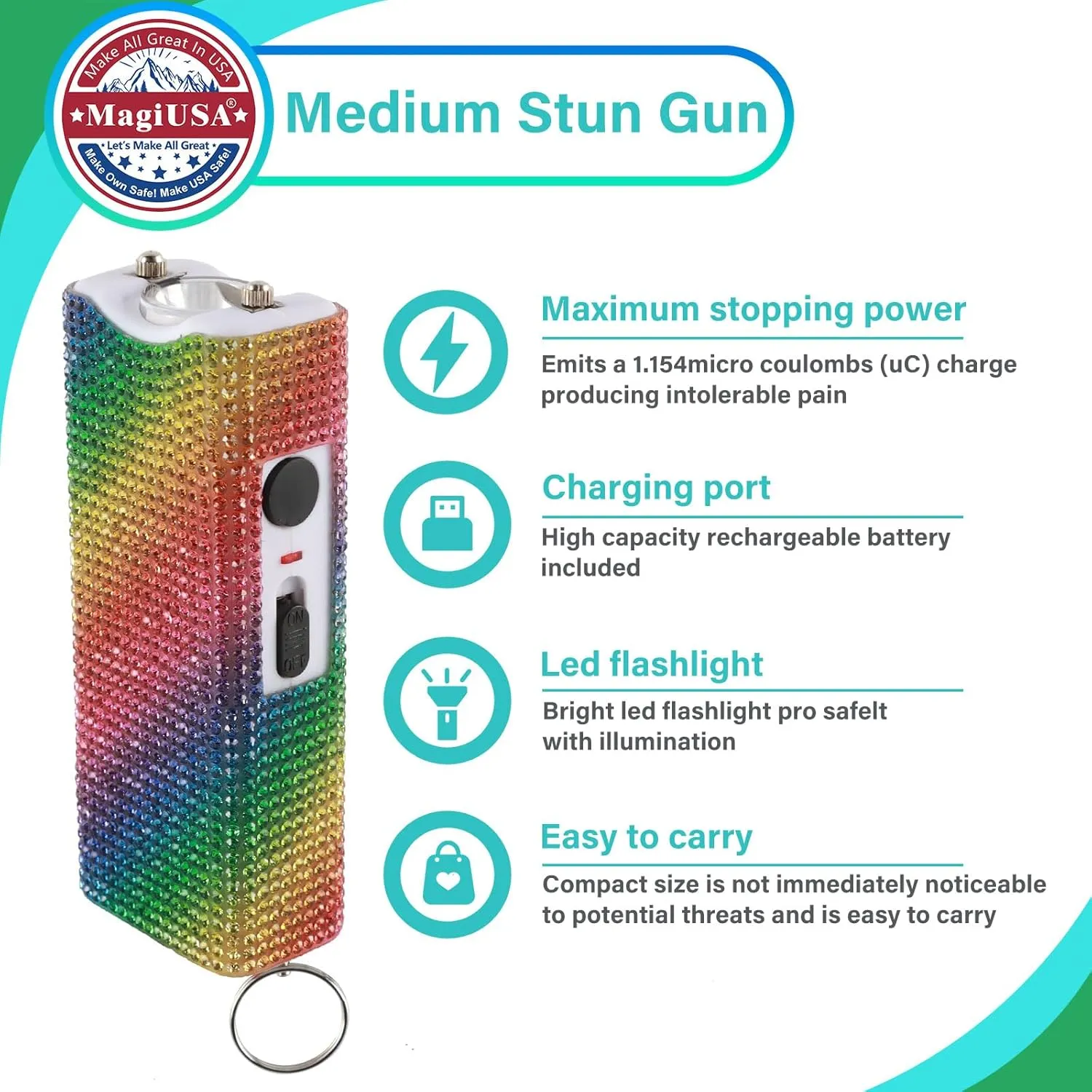 Cool MagiUSA Bling Stun Gun & Pepper Spray Bracelet Keychain Set – LED Flashlight Personal Alarm Self Defense Kit for Women & Men – Tazer taiser Pepper Gel Safety Tools Quick Defense, Multi Color