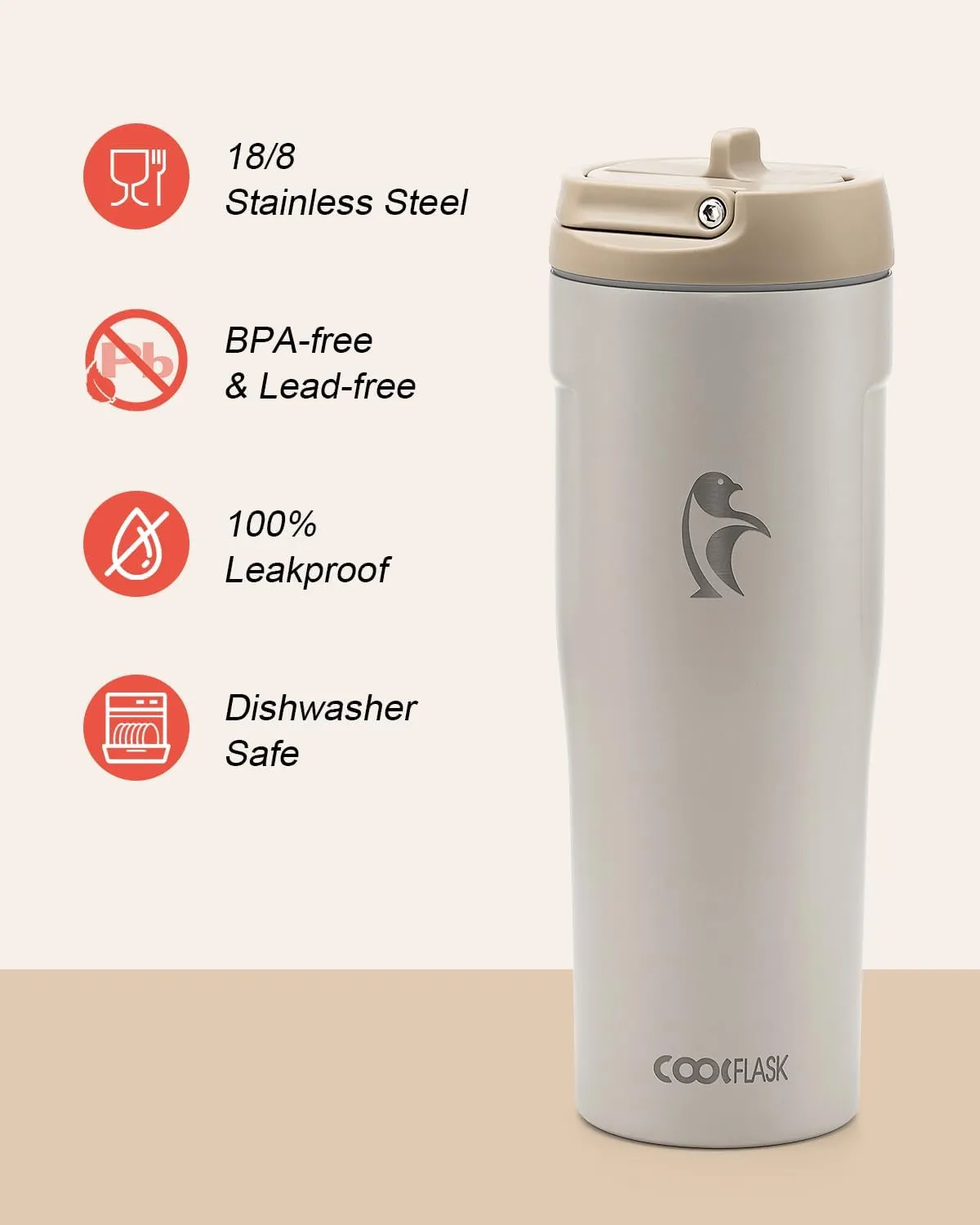 Coolflask 32 oz Insulated Water Bottle - Slim Tumbler with Straw & Handle - Car Cup Holder Friendly - Stainless Steel Thermo Flask for Sports, Gym, Travel, Office, Dishwasher Safe, Cream White