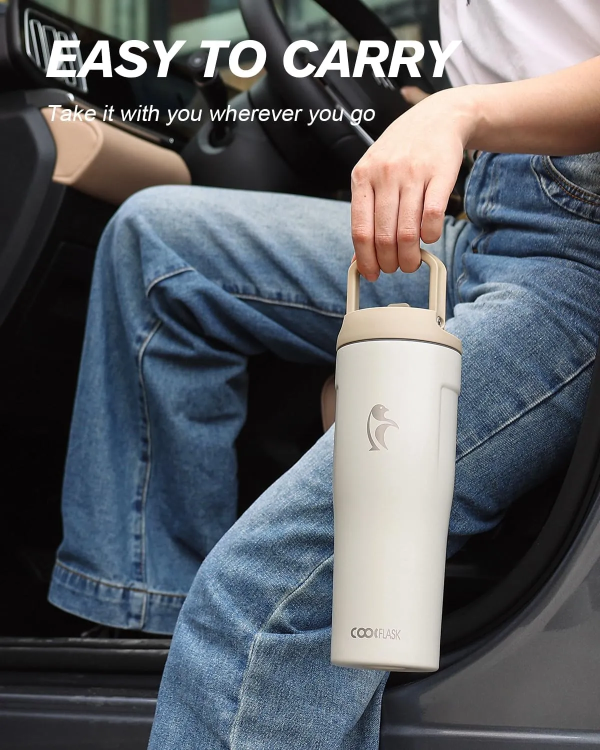 Coolflask 32 oz Insulated Water Bottle - Slim Tumbler with Straw & Handle - Car Cup Holder Friendly - Stainless Steel Thermo Flask for Sports, Gym, Travel, Office, Dishwasher Safe, Cream White
