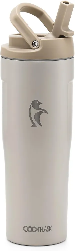 Coolflask 32 oz Insulated Water Bottle - Slim Tumbler with Straw & Handle - Car Cup Holder Friendly - Stainless Steel Thermo Flask for Sports, Gym, Travel, Office, Dishwasher Safe, Cream White