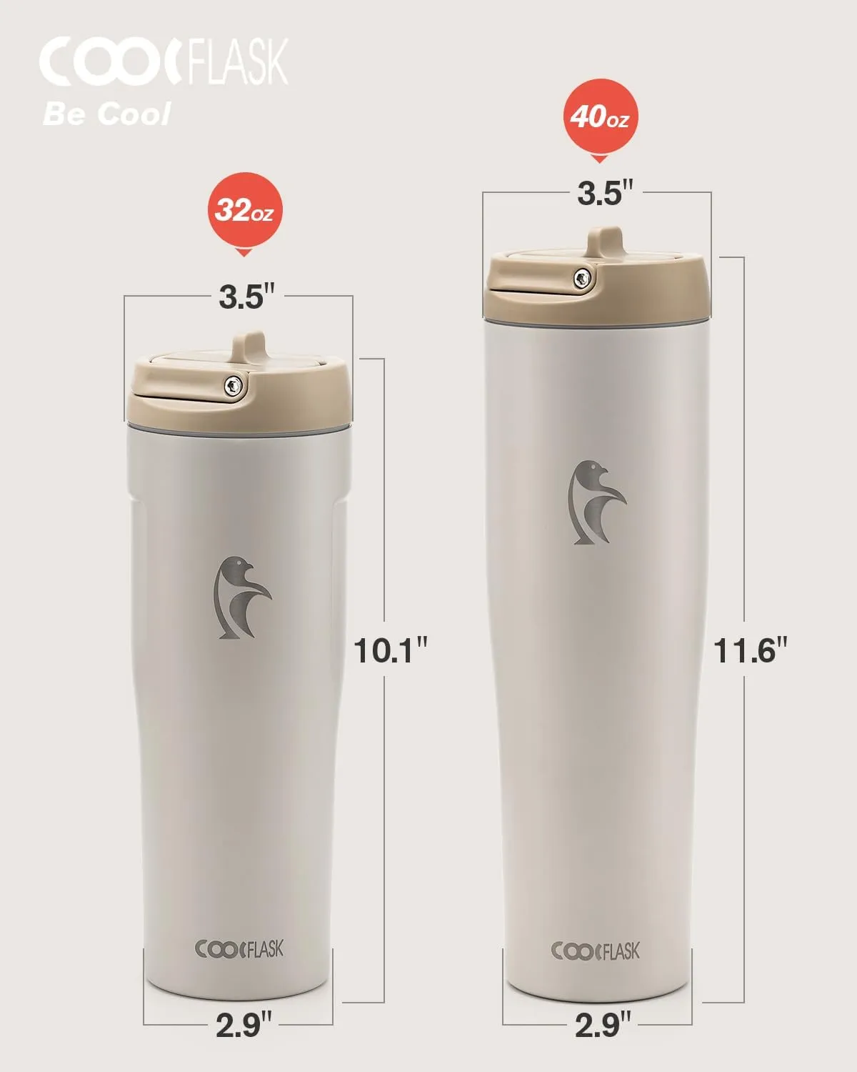 Coolflask 32 oz Insulated Water Bottle - Slim Tumbler with Straw & Handle - Car Cup Holder Friendly - Stainless Steel Thermo Flask for Sports, Gym, Travel, Office, Dishwasher Safe, Cream White