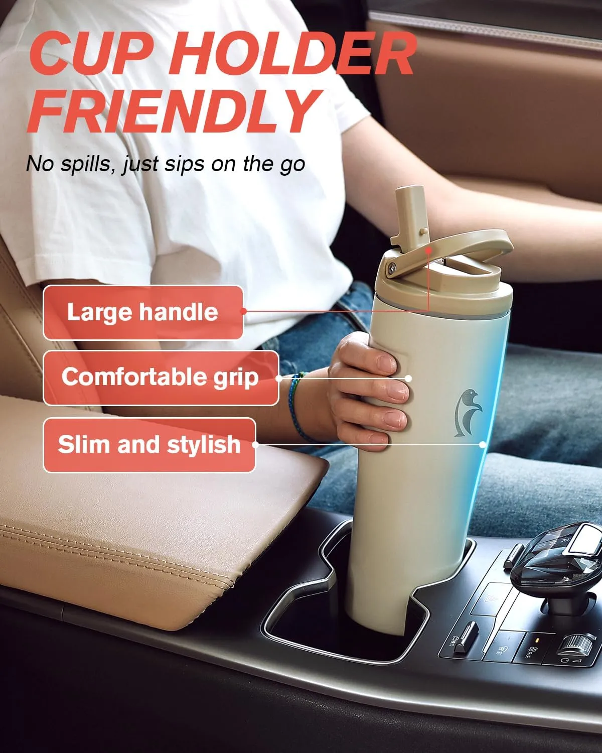 Coolflask 32 oz Insulated Water Bottle - Slim Tumbler with Straw & Handle - Car Cup Holder Friendly - Stainless Steel Thermo Flask for Sports, Gym, Travel, Office, Dishwasher Safe, Cream White