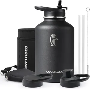 Coolflask 64 oz Insulated Water Bottle with Strap & Sleeve, Half Gallon Water Jug 3 Lids Stainless Steel Multifunctional Flask BPA-Free, Keep 48H Cold 24H Hot, Compact Yoga/Gym Bottle, Black