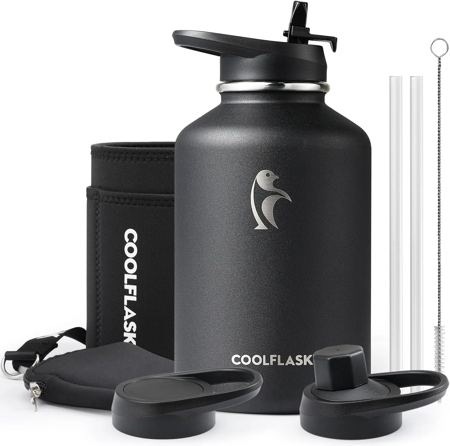Coolflask 64 oz Insulated Water Bottle with Strap & Sleeve, Half Gallon Water Jug 3 Lids Stainless Steel Multifunctional Flask BPA-Free, Keep 48H Cold 24H Hot, Compact Yoga/Gym Bottle, Black