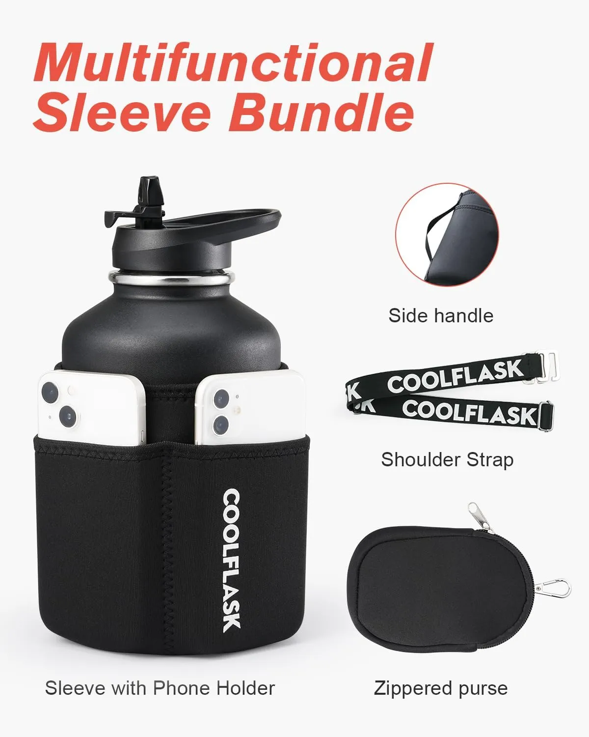 Coolflask 64 oz Insulated Water Bottle with Strap & Sleeve, Half Gallon Water Jug 3 Lids Stainless Steel Multifunctional Flask BPA-Free, Keep 48H Cold 24H Hot, Compact Yoga/Gym Bottle, Black
