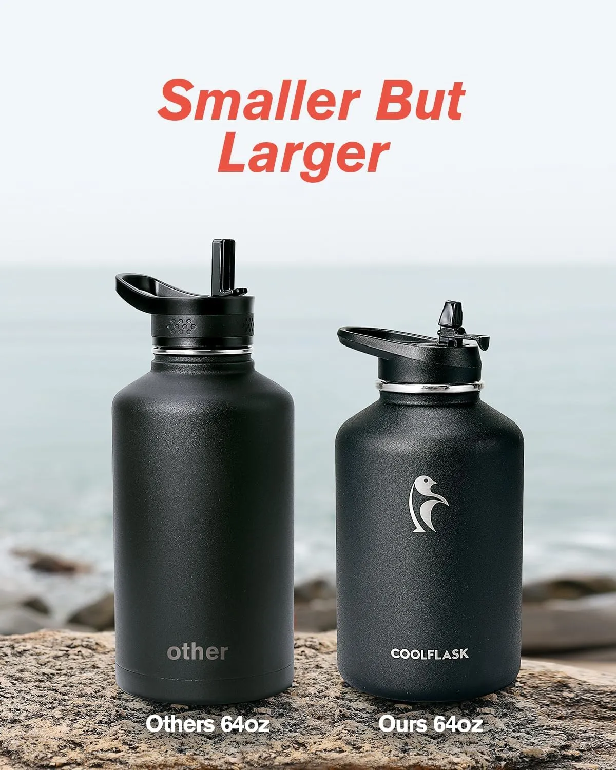 Coolflask 64 oz Insulated Water Bottle with Strap & Sleeve, Half Gallon Water Jug 3 Lids Stainless Steel Multifunctional Flask BPA-Free, Keep 48H Cold 24H Hot, Compact Yoga/Gym Bottle, Black