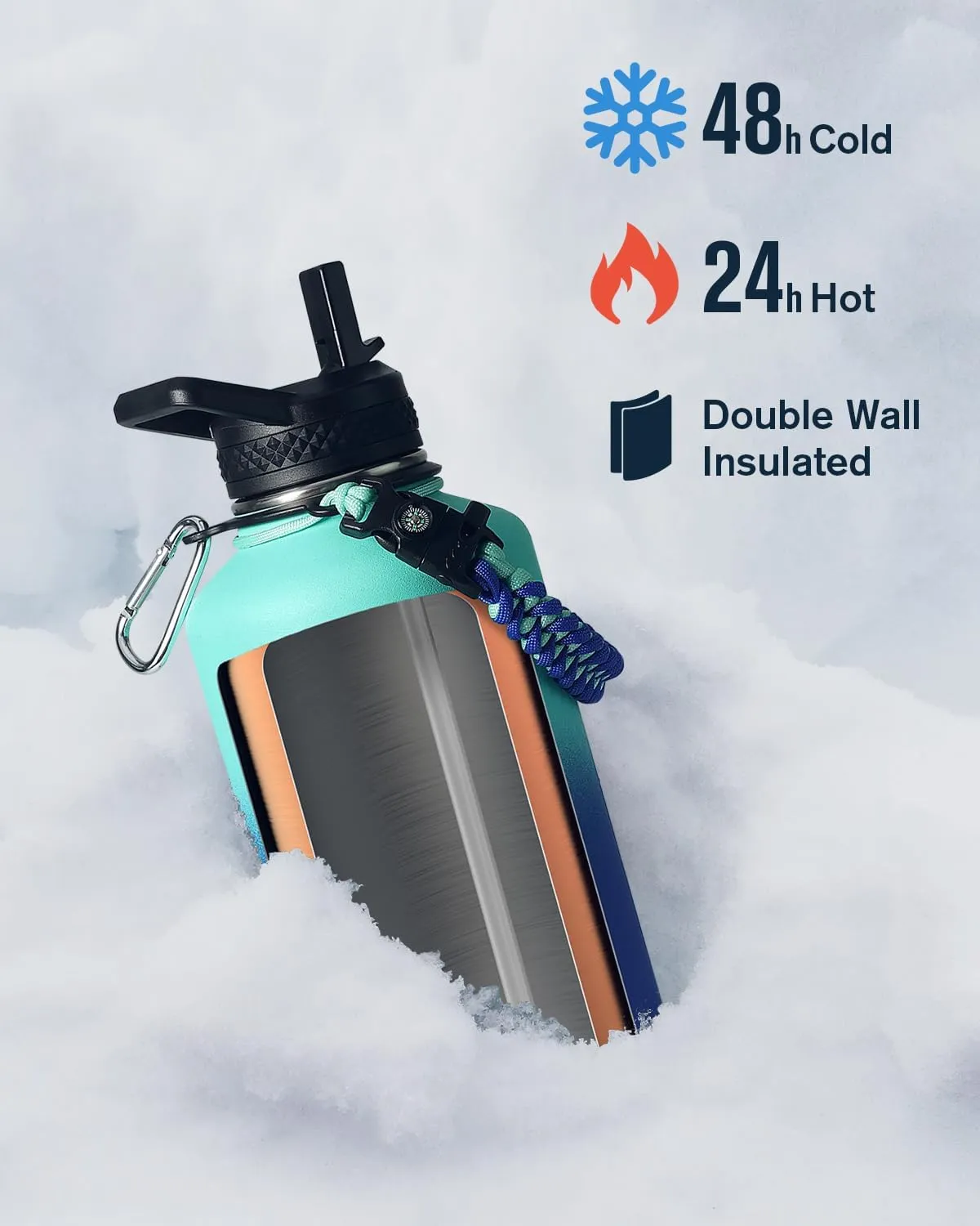 Coolplus 64 oz Insulated Water Bottle with Paracord Handle & 3 Lids, Half Gallon Water Jug Stainless Steel Hydro Water Bottle Leakproof Metal Flask, Keep 48H Cold and Leakproof
