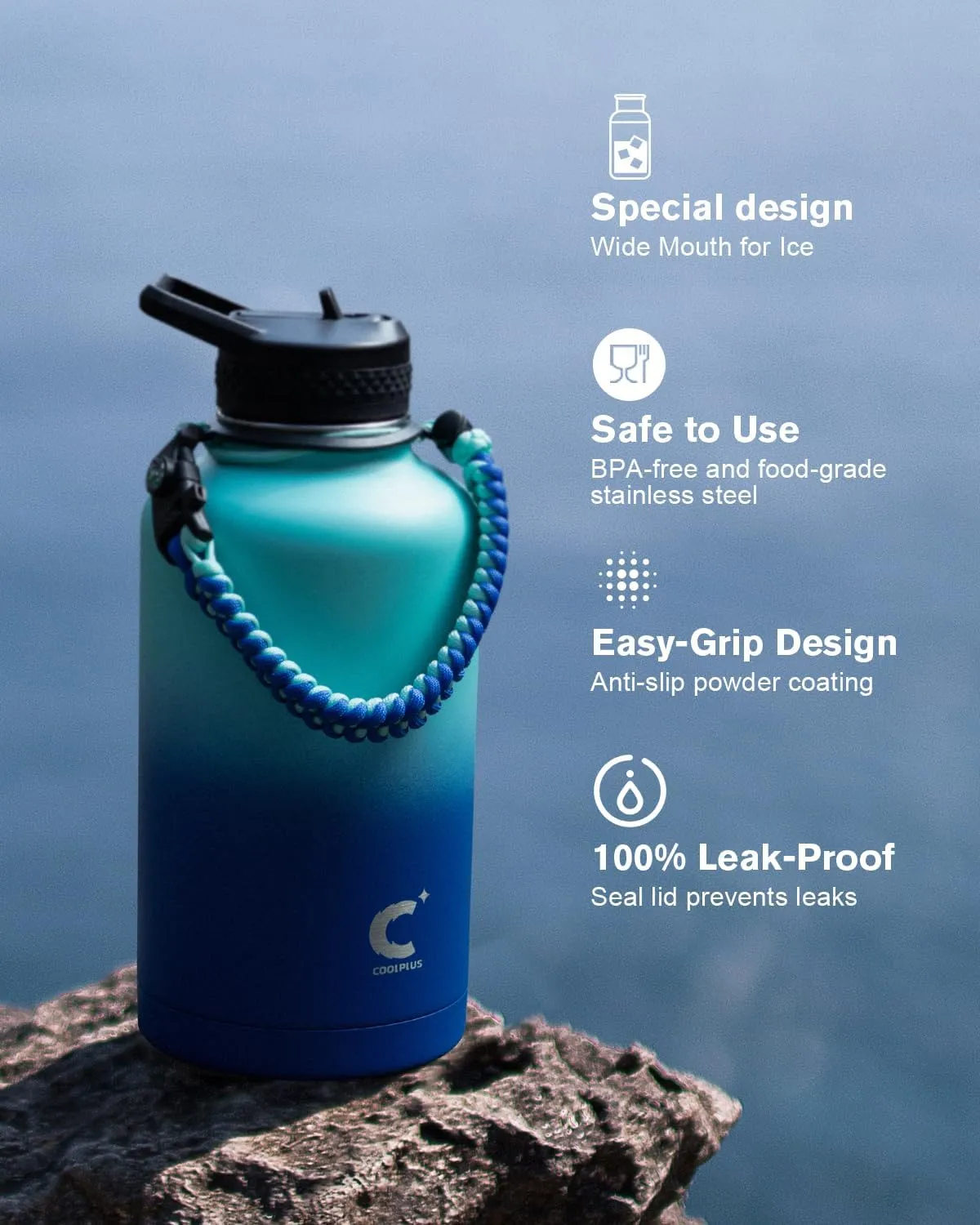 Coolplus 64 oz Insulated Water Bottle with Paracord Handle & 3 Lids, Half Gallon Water Jug Stainless Steel Hydro Water Bottle Leakproof Metal Flask, Keep 48H Cold and Leakproof