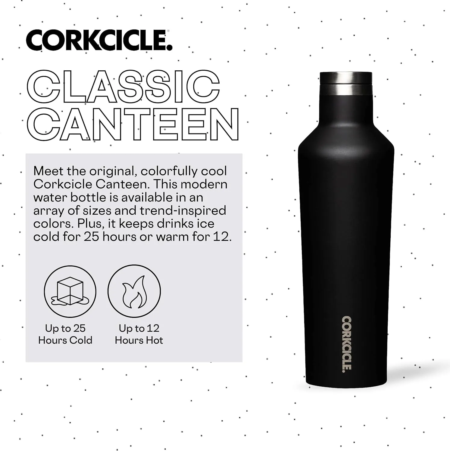 Corkcicle Classic Canteen Insulated Tumbler, Matte Black, 16 oz – Reusable Water Bottle Keeps Beverages Cold for 25 Hours & Hot 12 Hours – Cupholder Friendly Tumbler with Screw-On Cap