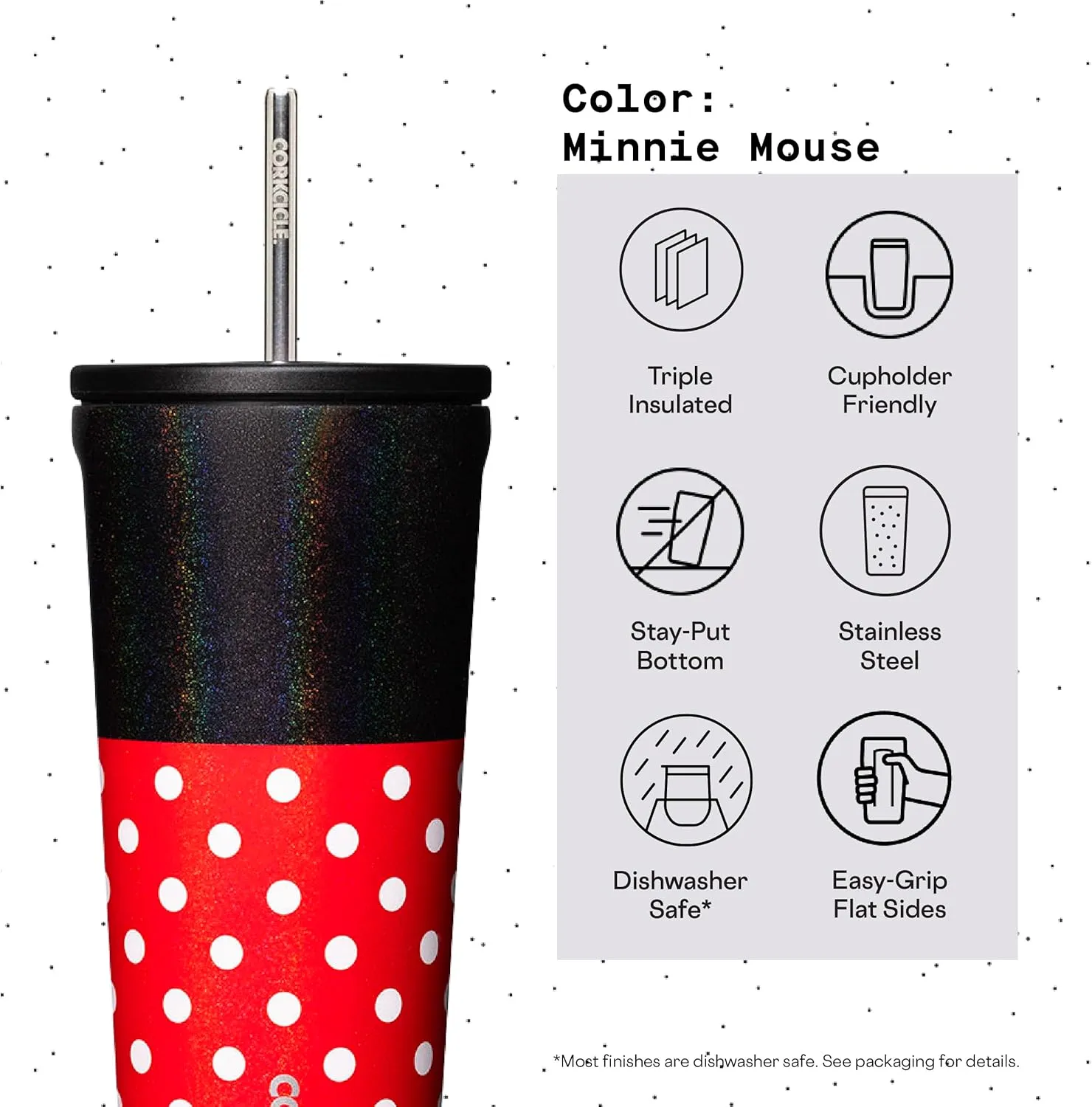 Corkcicle x Disney Minnie Mouse Cold Cup Insulated Tumbler with Lid and Straw, Polka Dot Red, 24 oz – Reusable Water Bottle Keeps Beverages Cold 12hrs, Hot 5hrs – Cupholder Friendly, Flexible Sip Lid