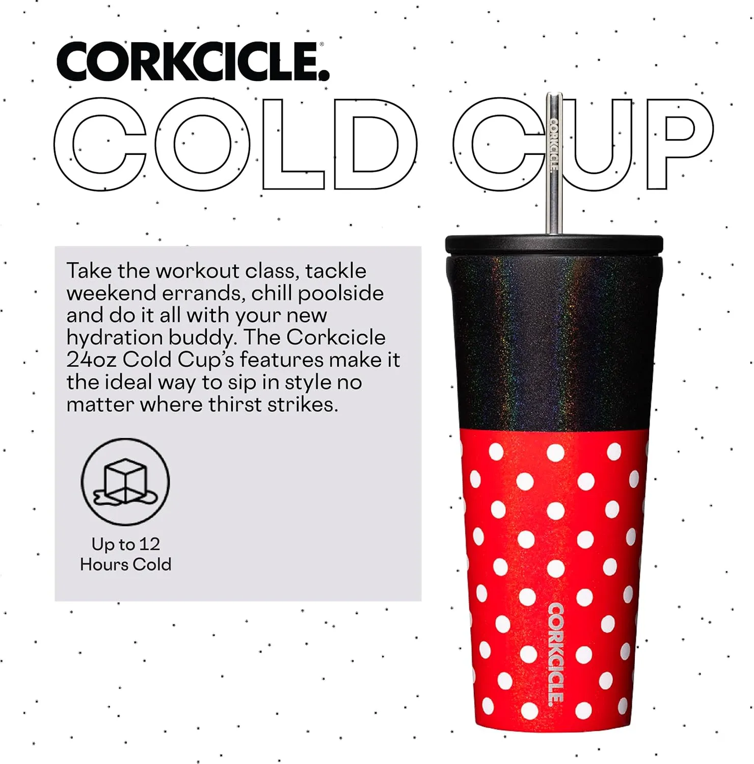 Corkcicle x Disney Minnie Mouse Cold Cup Insulated Tumbler with Lid and Straw, Polka Dot Red, 24 oz – Reusable Water Bottle Keeps Beverages Cold 12hrs, Hot 5hrs – Cupholder Friendly, Flexible Sip Lid