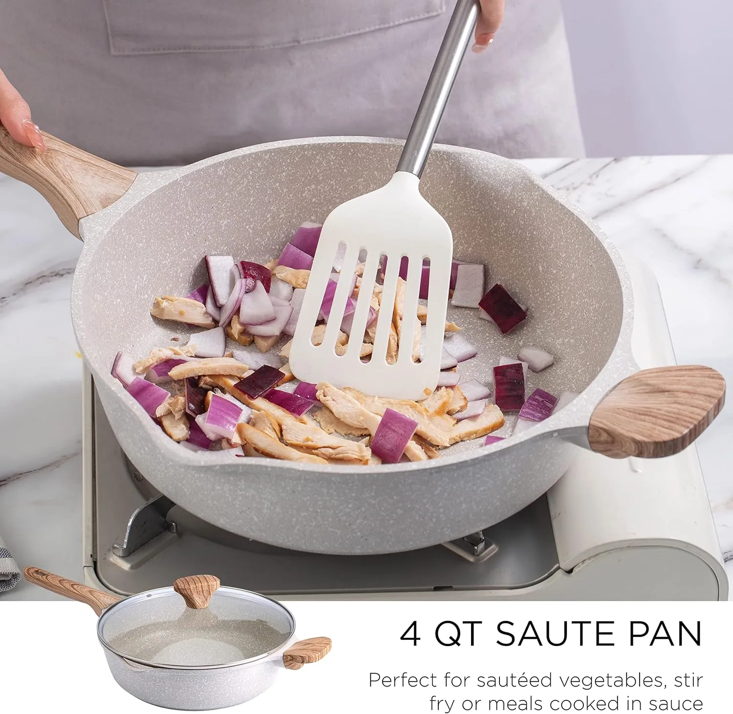 Country Kitchen Non-Stick Cast Aluminum Cookware Set - Durable Kitchen Cookware for Everyday Cooking, Speckled Cream, 6 Pc.