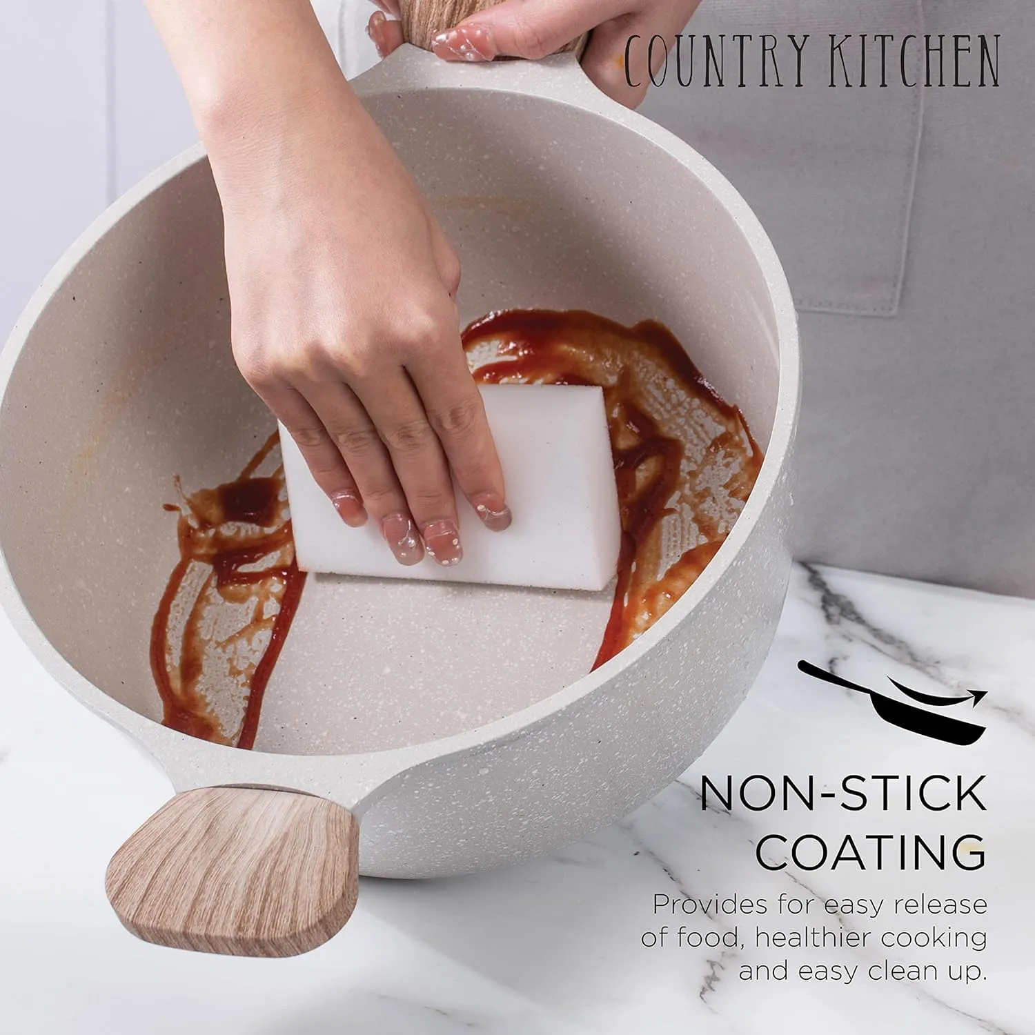 Country Kitchen Non-Stick Cast Aluminum Cookware Set - Durable Kitchen Cookware for Everyday Cooking, Speckled Cream, 6 Pc.