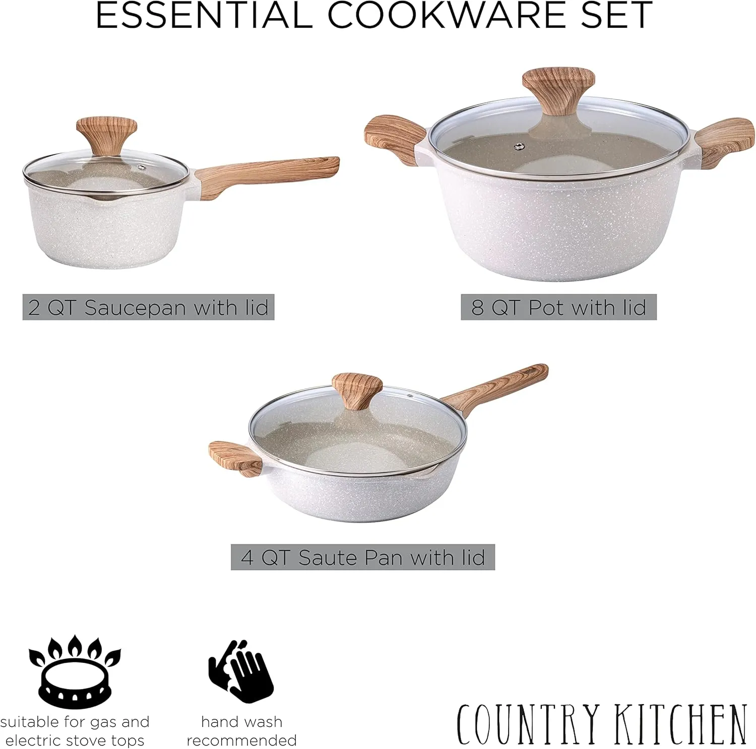 Country Kitchen Non-Stick Cast Aluminum Cookware Set - Durable Kitchen Cookware for Everyday Cooking, Speckled Cream, 6 Pc.