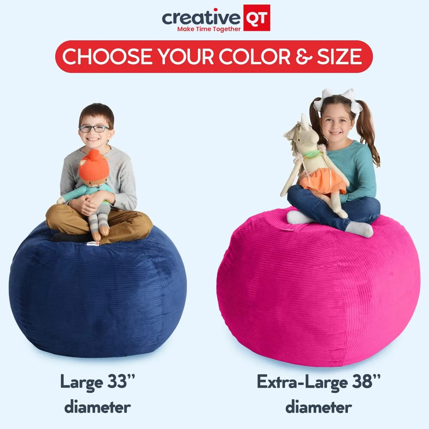 Creative QT Stuff ’n Sit Extra Large 38’’ Bean Bag Storage Cover for Stuffed Animals & Toys, Giant Bean Bag Chair for Plush, Kids Bedroom Organizer, Light Gray Corduroy Stuffed Animal Storage Cover