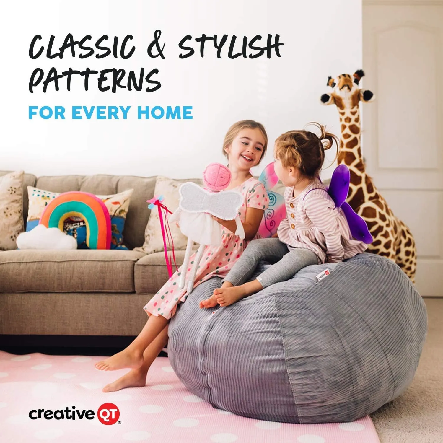 Creative QT Stuff ’n Sit Extra Large 38’’ Bean Bag Storage Cover for Stuffed Animals & Toys, Giant Bean Bag Chair for Plush, Kids Bedroom Organizer, Light Gray Corduroy Stuffed Animal Storage Cover