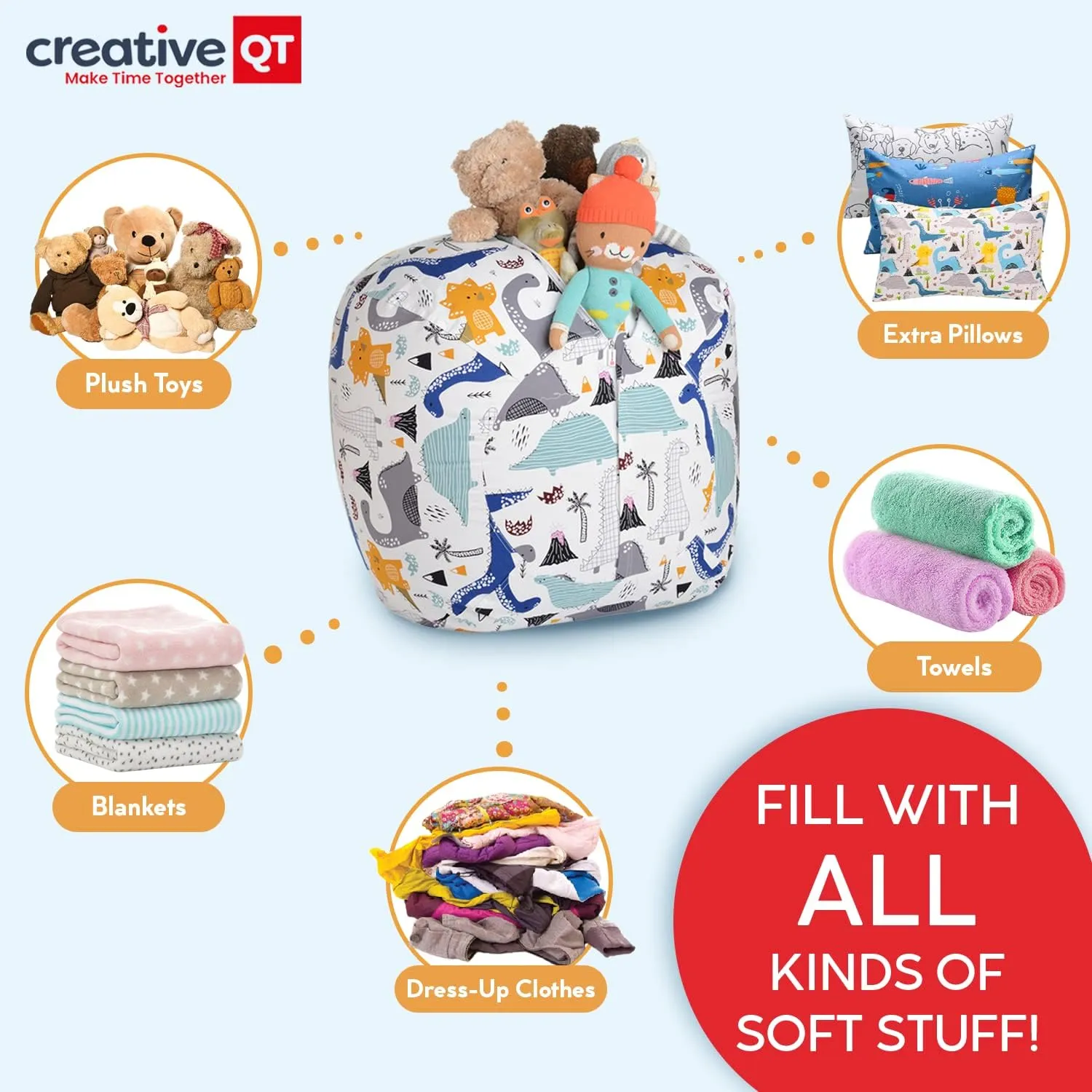 Creative QT Stuff ’n Sit Extra Large 38’’ Bean Bag Storage Cover for Stuffed Animals & Toys, Giant Bean Bag Chair for Plush, Kids Bedroom Organizer, Light Gray Corduroy Stuffed Animal Storage Cover