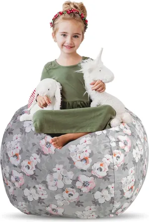 Creative QT Stuff ’n Sit Extra Large 38’’ Bean Bag Storage Cover for Stuffed Animals & Toys, Giant Bean Bag Chair for Plush, Toddler & Kids Bedroom Organizer, Grey Floral, Stuffed Animal Storage Cover